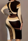 Khaki Skinny Casual Semi Formal Party Club Abstract Print V Neck Long Sleeve Knee Length Plus Size Midi Dresses