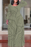 Dark Apricot Casual Geometric Print O Neck Long Sleeve Straight Loose Vacation Plus Size Maxi Dresses