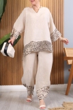 Khaki Casual Loose Leopard Print V Neck Long Sleeve Knitted Tops and Wide Leg Pants Two Pieces Sets