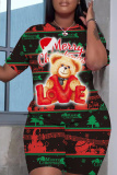 Red Christmas Casual Sportswear Letter Bear Santa Print Round Neck Short Sleeve T-shirt and Shorts Two Pieces Sets
