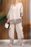 Khaki Casual Loose Leopard Print V Neck Long Sleeve Knitted Tops and Wide Leg Pants Two Pieces Sets