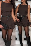 Black Casual Ruffle O Neck Sleeveless Ruffle Trim Night Club Tank Mini Dresses