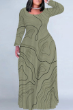 Dark Apricot Casual Geometric Print O Neck Long Sleeve Straight Loose Vacation Plus Size Maxi Dresses