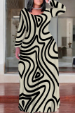 Dark Apricot Casual Geometric Print O Neck Long Sleeve Straight Loose Vacation Plus Size Maxi Dresses