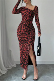 Red Casual Leopard Print Oblique Collar Long Sleeve Draw String Lace Up Front Slit Bodycon Maxi Dresses