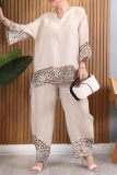 Khaki Casual Loose Leopard Print V Neck Long Sleeve Knitted Tops and Wide Leg Pants Two Pieces Sets