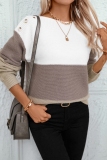 Brown Stripe Contrast Round Neck Button up Long Sleeve Fall Winter Knitted Sweater Tops