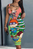 Light Blue Cartoon Print U Neck Sleeveless Vacation Casual Outing Bodycon Midi Tank Dress