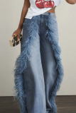 Blue Fluffy Tassel Trim Mid Waist Loose Wide Leg Denim Jeans
