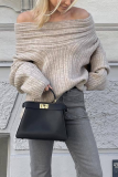 White Loose Cotton Screw Thread Off Shoulder Long Flare Sleeve Fall Winter Knitted Sweater Tops