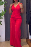 Red Vacation Party Club Casual Zipper V Neck Backlesss Bowknot Decor Tank Tops and Wide Leg Pants Two Pieces Sets