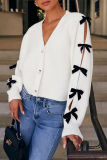 White Casual Hollow Out Buttons Bow Decor V Neck Long Sleeve Fall Winter Knitting Cardigan Coats Outerwear