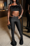 Black Skinny Party Club Cut Out Strapless Fur Trim Tube Tops and Low Waist Flared Pants Two Pieces Sets