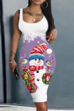 White Purple Christmas Deer Snowflakes Print U Neck Sleeveless Vacation Casual Outing Bodycon Midi Tank Dress