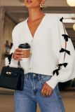 White Casual Hollow Out Buttons Bow Decor V Neck Long Sleeve Fall Winter Knitting Cardigan Coats Outerwear