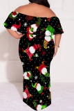 Black Red Casual Santa Claus Print Off Shoulder Flutter Sleeve Long Loose Vacation Plus Size Maxi Dresses