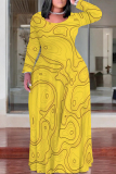 Dark Apricot Casual Geometric Print O Neck Long Sleeve Straight Loose Vacation Plus Size Maxi Dresses