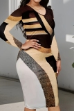 Khaki Skinny Casual Semi Formal Party Club Abstract Print V Neck Long Sleeve Knee Length Plus Size Midi Dresses