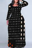 Dark Apricot Casual Geometric Print O Neck Long Sleeve Straight Loose Vacation Plus Size Maxi Dresses