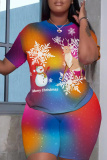 Red Christmas Casual Sportswear Letter Bear Santa Print Round Neck Short Sleeve T-shirt and Shorts Two Pieces Sets