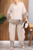 Khaki Casual Loose Leopard Print V Neck Long Sleeve Knitted Tops and Wide Leg Pants Two Pieces Sets
