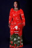 Black Red Casual Christmas Tree Santa Claus Print O Neck Long Sleeve Long Plus Size Bodycon Maxi Dress