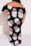 Black Red Casual Santa Claus Print Off Shoulder Flutter Sleeve Long Loose Vacation Plus Size Maxi Dresses