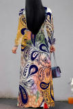 Multicolor Floral Print Deep V Neck Long Sleeve Lace Up Casual Outing Vacation Loose Maxi Dress
