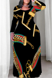 Dark Apricot Casual Geometric Print O Neck Long Sleeve Straight Loose Vacation Plus Size Maxi Dresses