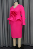 Rose Red Deep V Neck Long Sleeve Large Floral Applique Waist Cocktail Party Wedding Bodycon Peplum Midi Dress