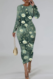 Red Casual Party Club Vacation Formal Floral Print Basic O Neck Long Sleeve Mid Calf Bodycorn Dresses