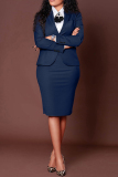 Dark Blue Office Lady Business Wear Turn-back Collar Long Sleeve Blazer and Slit Midi Wrap Skirts Two Pieces Dress Sets