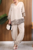 Khaki Casual Loose Leopard Print V Neck Long Sleeve Knitted Tops and Wide Leg Pants Two Pieces Sets
