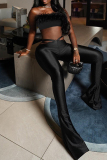 Black Skinny Party Club Cut Out Strapless Fur Trim Tube Tops and Low Waist Flared Pants Two Pieces Sets