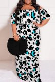 White Brown Casual Leopard Print  Off Shoulder Flutter Sleeve Long Loose Vacation Plus Size Maxi Dresses