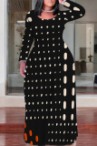 Dark Apricot Casual Geometric Print O Neck Long Sleeve Straight Loose Vacation Plus Size Maxi Dresses