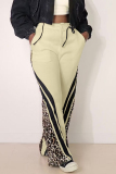 Off-white Casual Stripe Leopard Print Pocket Lace Up Loose Drawstring High Waist Wide Leg Sweatpants Bottoms