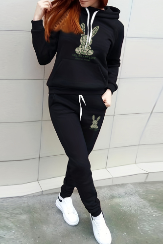 Blue Sportwear Casual Rabbit Print Hooded Long Sleeve Sweatshirt and Pencil Sweatpants Fall Winter Two Pieces Sweatsuits Sets