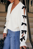 White Casual Hollow Out Buttons Bow Decor V Neck Long Sleeve Fall Winter Knitting Cardigan Coats Outerwear