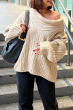 White Loose Cotton Screw Thread Off Shoulder Long Flare Sleeve Fall Winter Knitted Sweater Tops