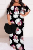 Black Red Casual Santa Claus Print Off Shoulder Flutter Sleeve Long Loose Vacation Plus Size Maxi Dresses