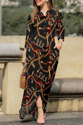 Pink Graphics Print Turndown Collar Long Sleeve Pocket Casual Outing Vacation Maxi Shirt Dresses