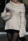 White Loose Cotton Screw Thread Off Shoulder Long Flare Sleeve Fall Winter Knitted Sweater Tops