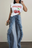 Blue Fluffy Tassel Trim Mid Waist Loose Wide Leg Denim Jeans
