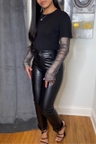 Black PU Leather Casual Belted Skinny High Waist Cross Straps Fall Winter Pencil Trousers Pants