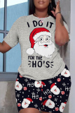 Red Christmas Casual Sportswear Letter Bear Santa Print Round Neck Short Sleeve T-shirt and Shorts Two Pieces Sets