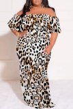 White Brown Casual Leopard Print  Off Shoulder Flutter Sleeve Long Loose Vacation Plus Size Maxi Dresses