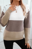 Brown Stripe Contrast Round Neck Button up Long Sleeve Fall Winter Knitted Sweater Tops
