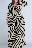 Dark Apricot Casual Geometric Print O Neck Long Sleeve Straight Loose Vacation Plus Size Maxi Dresses