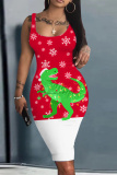 White Purple Christmas Deer Snowflakes Print U Neck Sleeveless Vacation Casual Outing Bodycon Midi Tank Dress